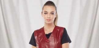 women wearing red Leather vest